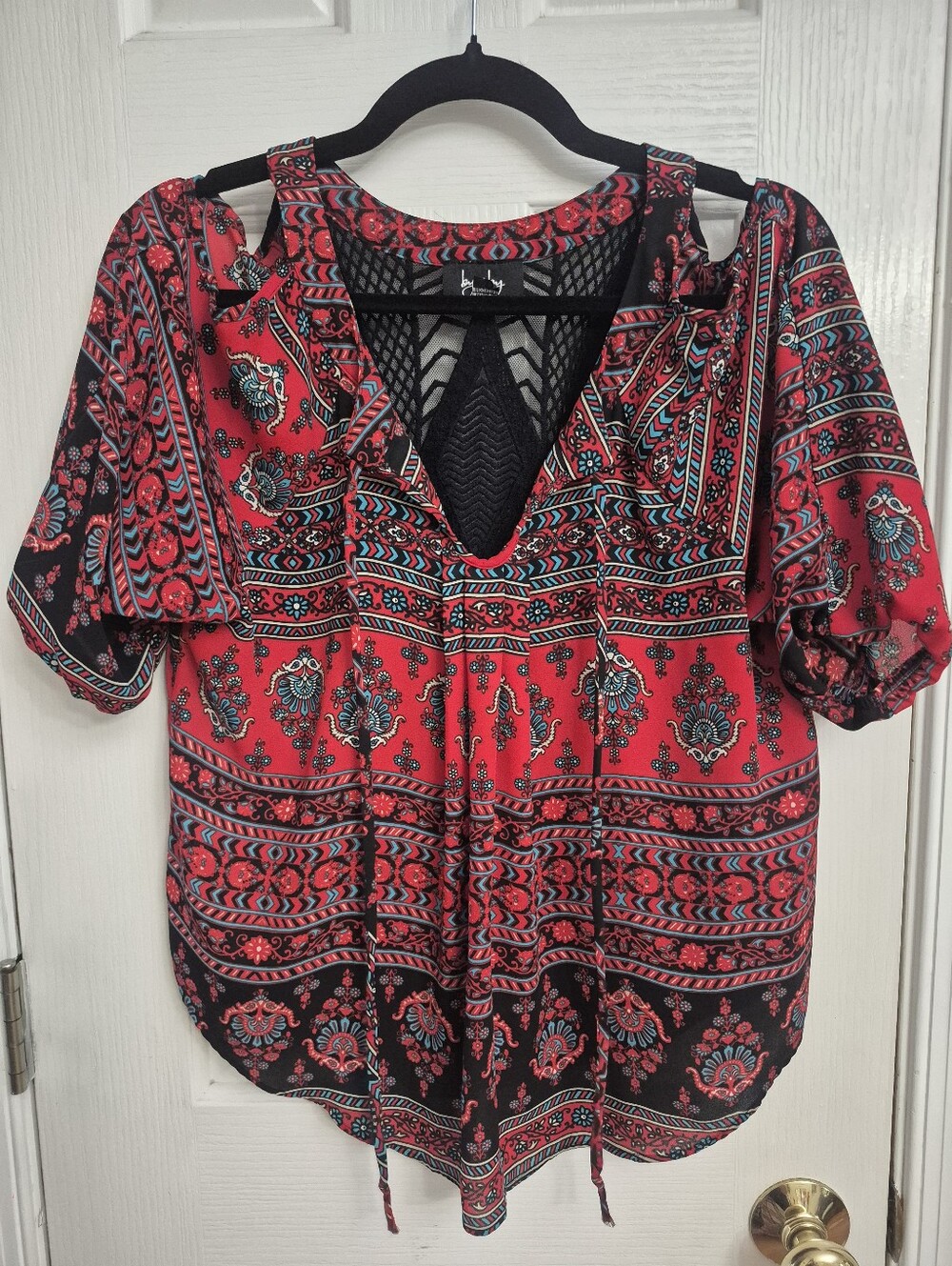 by & by Red Paisley Cold-Shoulder Blouse with Black Trim